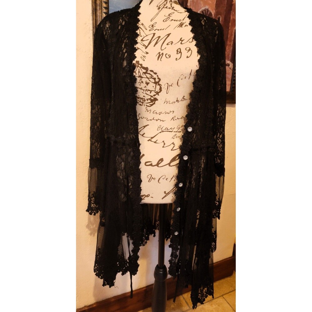 ADORE Black Floral Lace Button-Down Duster/Robe w Long Bell Sleeves Uneven Hem - Picture 7 of 10